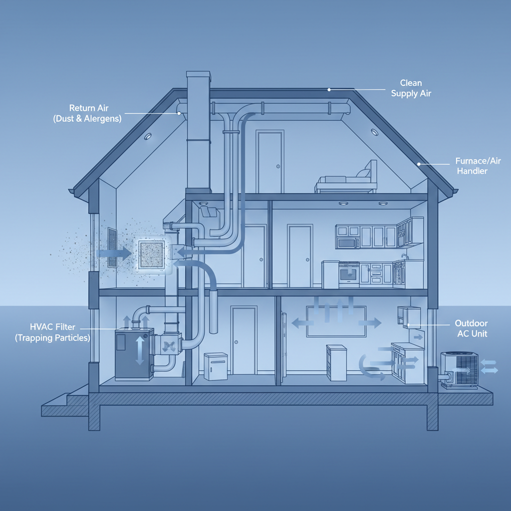 a diagram showing airflow through a home's HVAC system with arrows indicating dust and allergens being circulated, highl