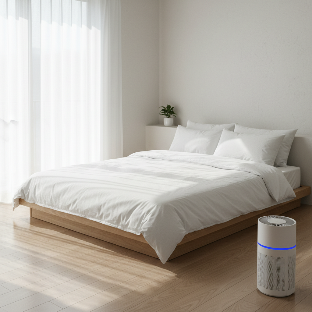 a minimalist bedroom with crisp, clean white linens, sunlight streaming in, and a subtle air purifier in the corner, con