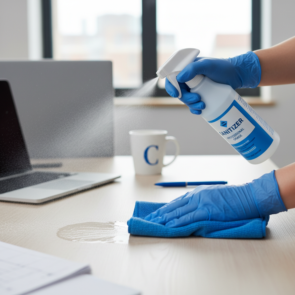 a close-up of a professional cleaning technician's hands sanitizing an office desk with a spray bottle and microfiber cl
