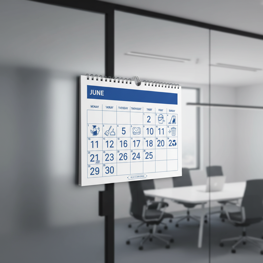 a calendar with various cleaning icons on different days, representing a flexible and customized cleaning schedule for a