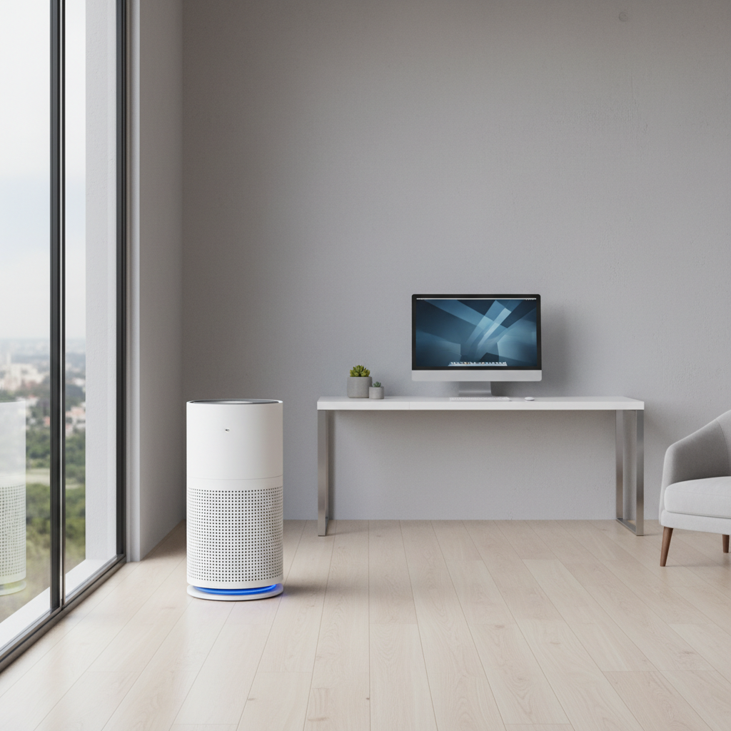 an office air purifier running silently in a corner of a clean, minimalist office space