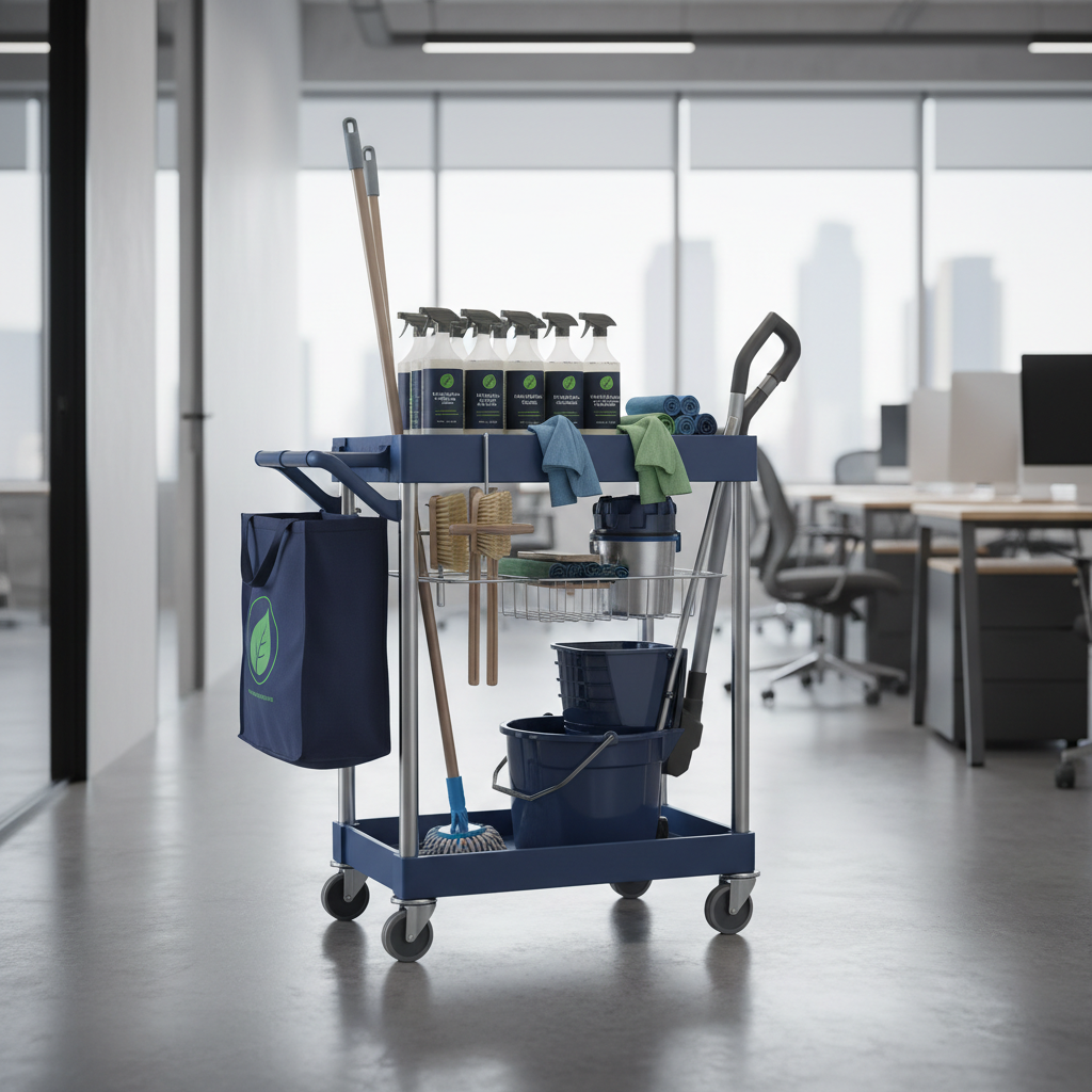 a neatly organized cleaning cart with professional-grade, eco-friendly cleaning supplies and equipment, ready for use in